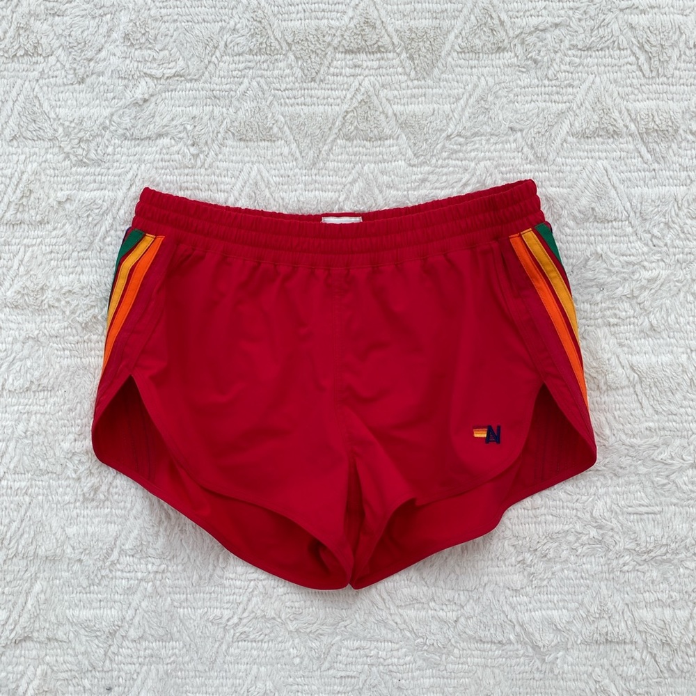 Aviator Nation Red Shorts with Rainbow Stripes